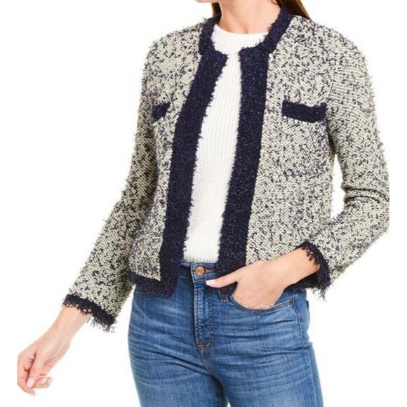 J.Crew Sz M contrast tweed white Navy Open front cropped jacket blazer cardigan - Picture 2 of 12